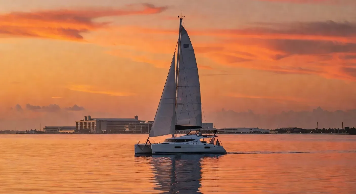 Fort Lauderdale Beach and Millionaires Row at golden hour viewed from the water during a sunset catamaran cruise fort lauderdale, the skyline bathed in warm orange light